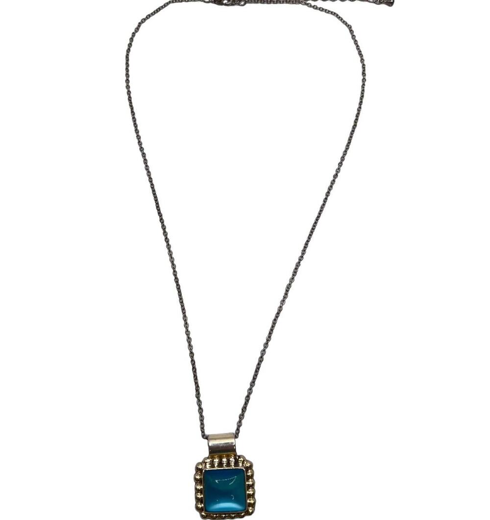 Vintage Blue Glass Square Pendant Necklace 925 Silver 18"